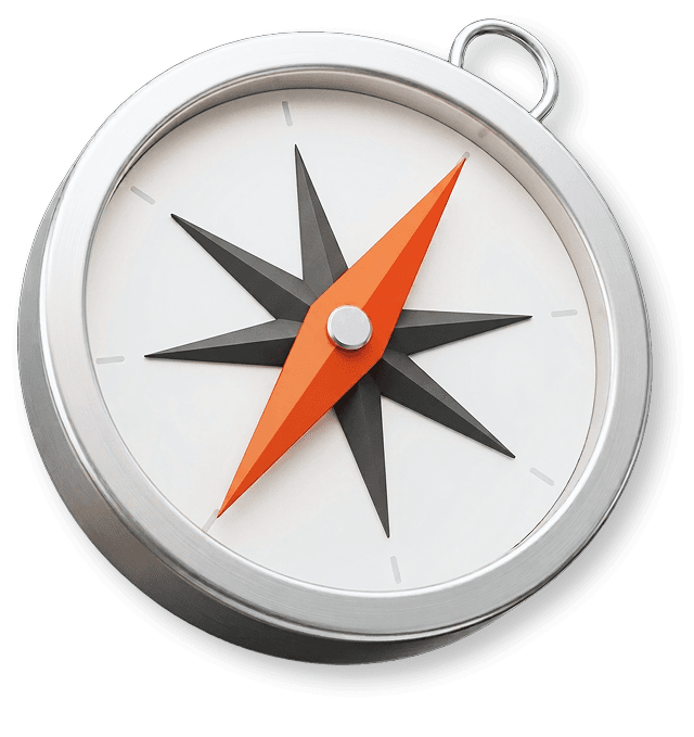 Silver compass with a bright orange needle